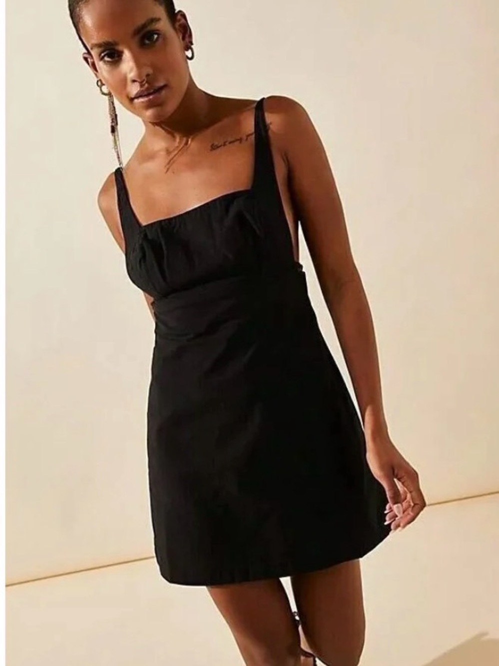 Free People Black Mini Slip Dress with Adjustable Spaghetti Straps